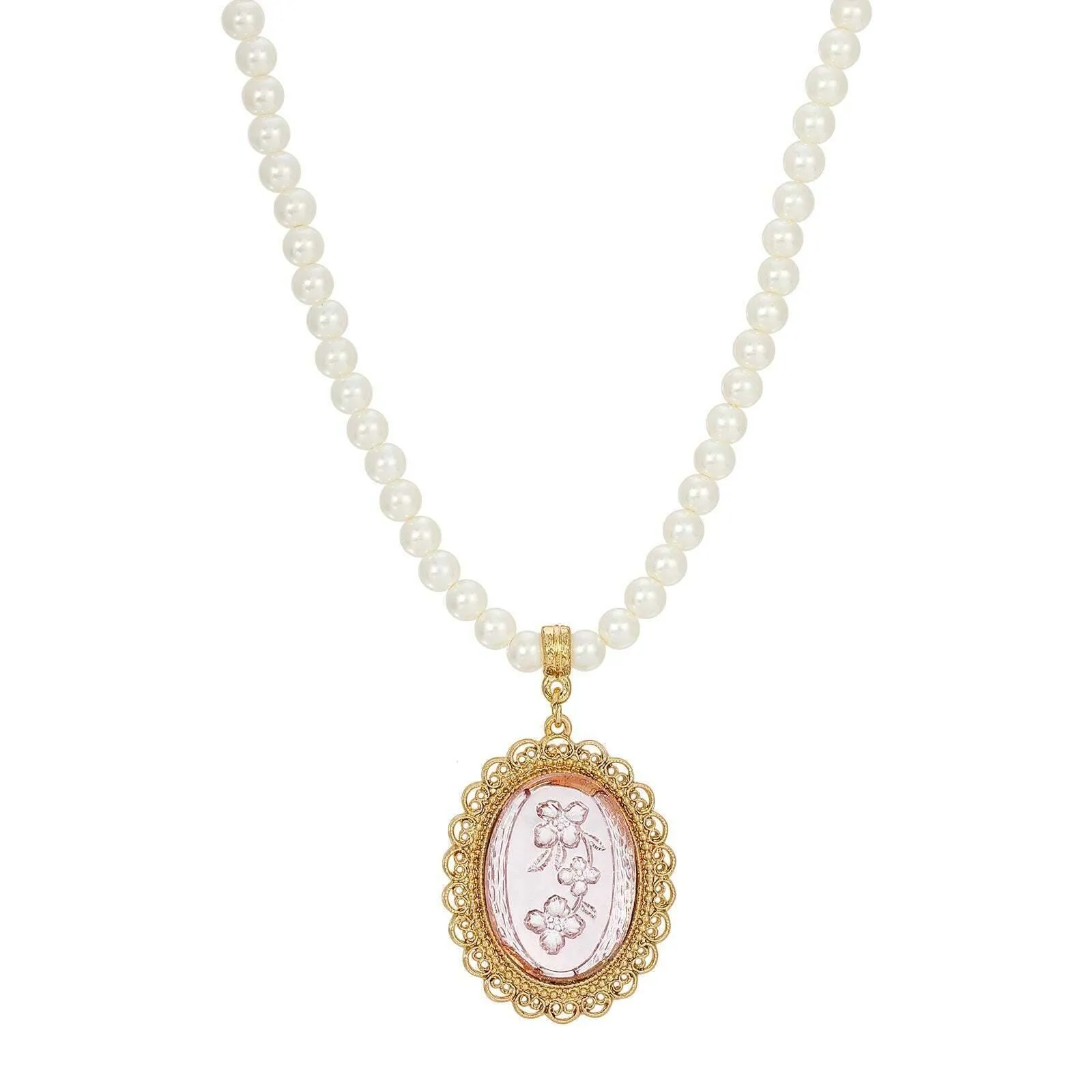 1928 Jewelry Glass Engraved Flowers 5mm Faux Pearl Strand Pendant Necklace, 15"   3" Extender 1928 Jewelry
