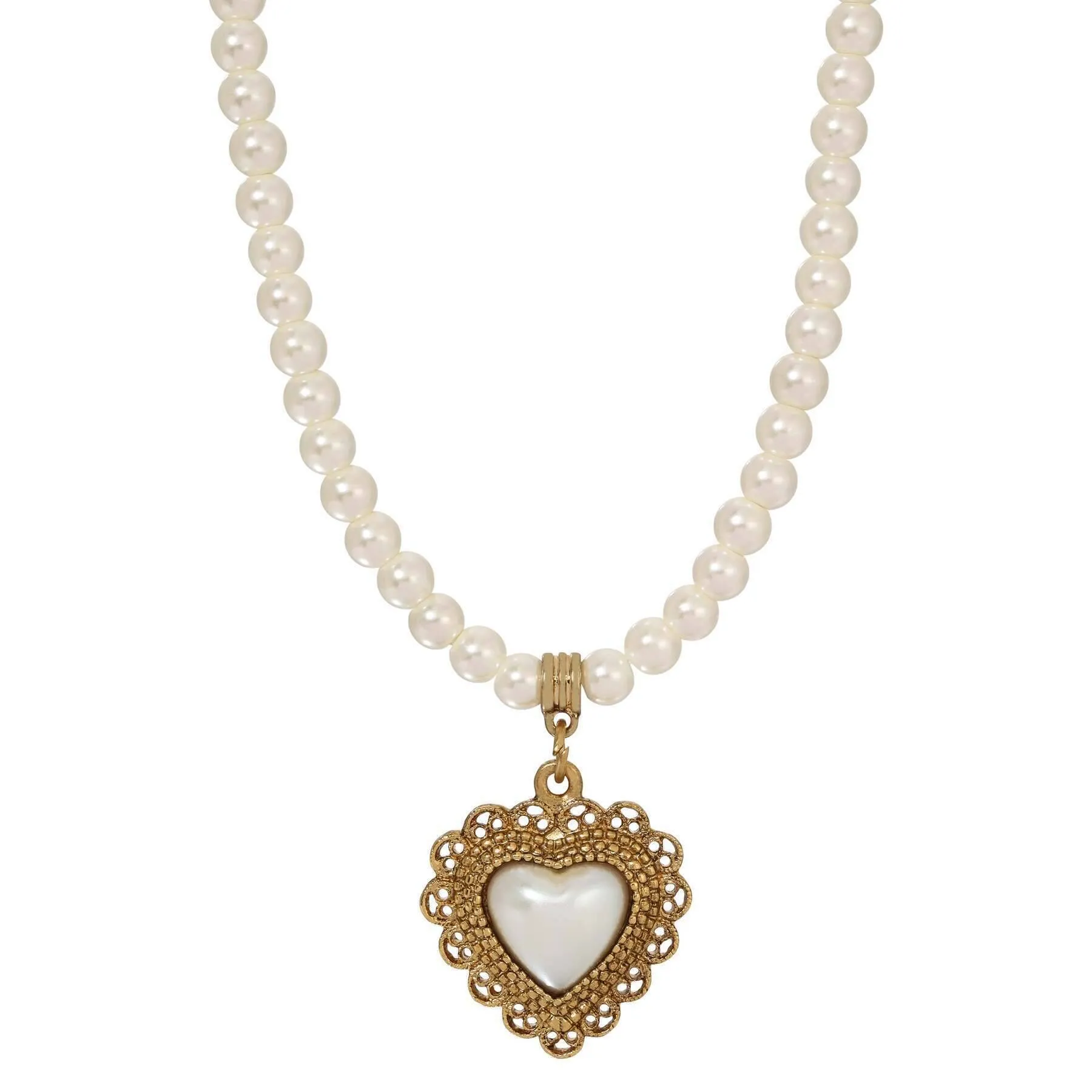1928 Jewelry Glass Faux Pearl Strand & Faux Pearl Heart Filigree Pendant Necklace 15"   3" Extension 1928 Jewelry