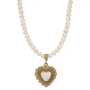 1928 Jewelry Glass Faux Pearl Strand & Faux Pearl Heart Filigree Pendant Necklace 15"   3" Extension 1928 Jewelry