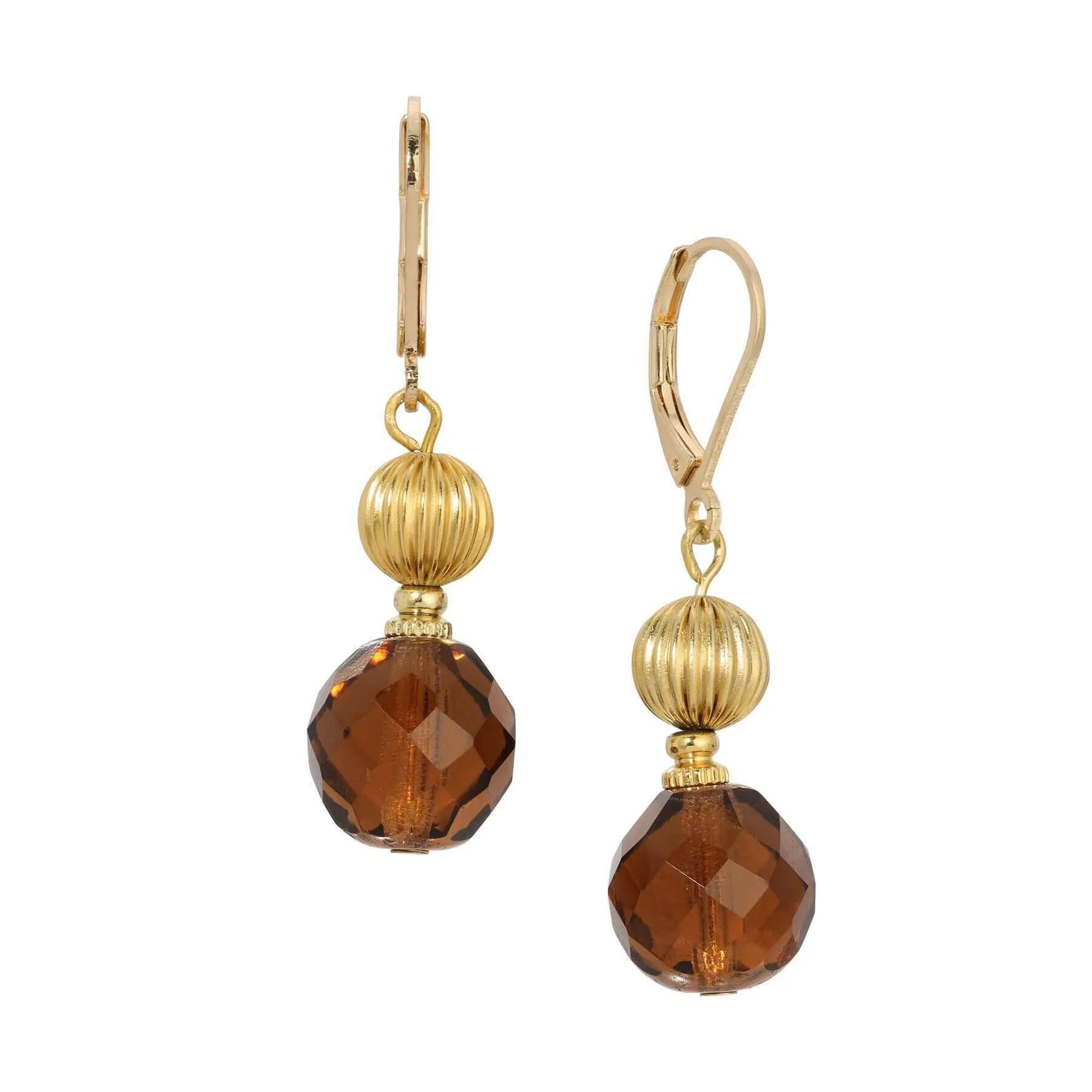 1928 Jewelry Glass Smoke Topaz & Corrugated Bead Dangling Earrings 1928 Jewelry