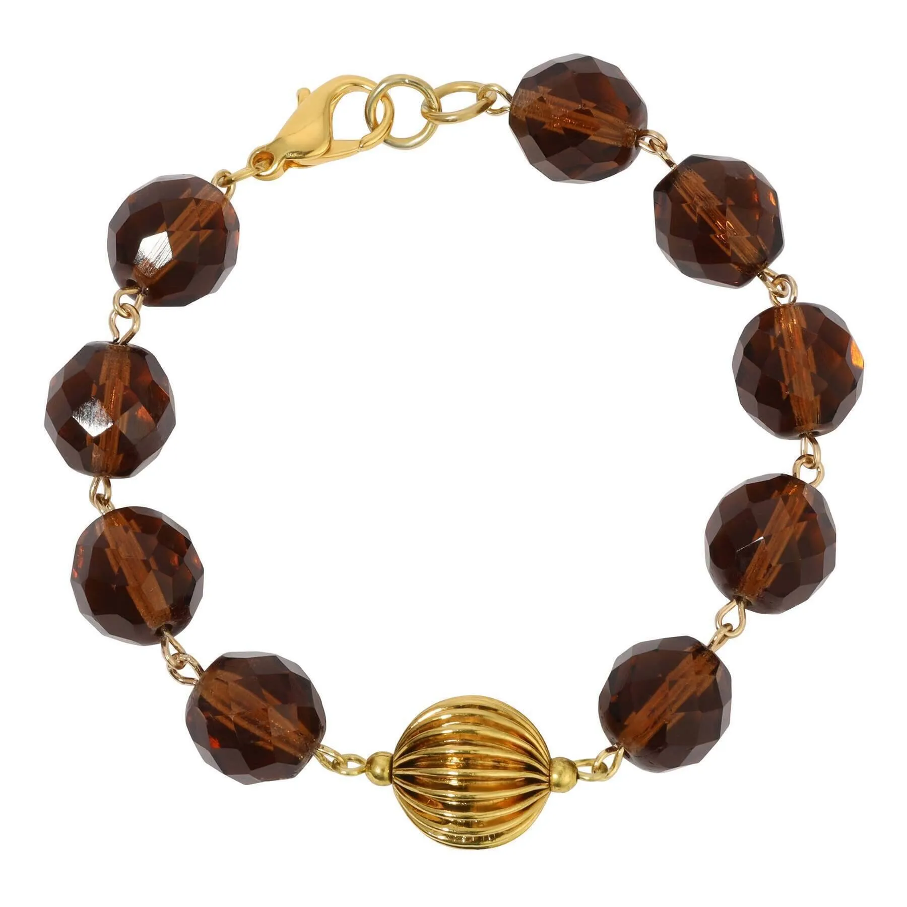 1928 Jewelry Glass Smoke Topaz & Corrugated Bead Link Bracelet 1928 Jewelry
