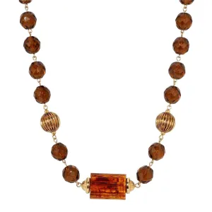 1928 Jewelry Glass Smoke Topaz Corrugated Bead & Tortoise Bead Necklace 17"   3" Extender 1928 Jewelry