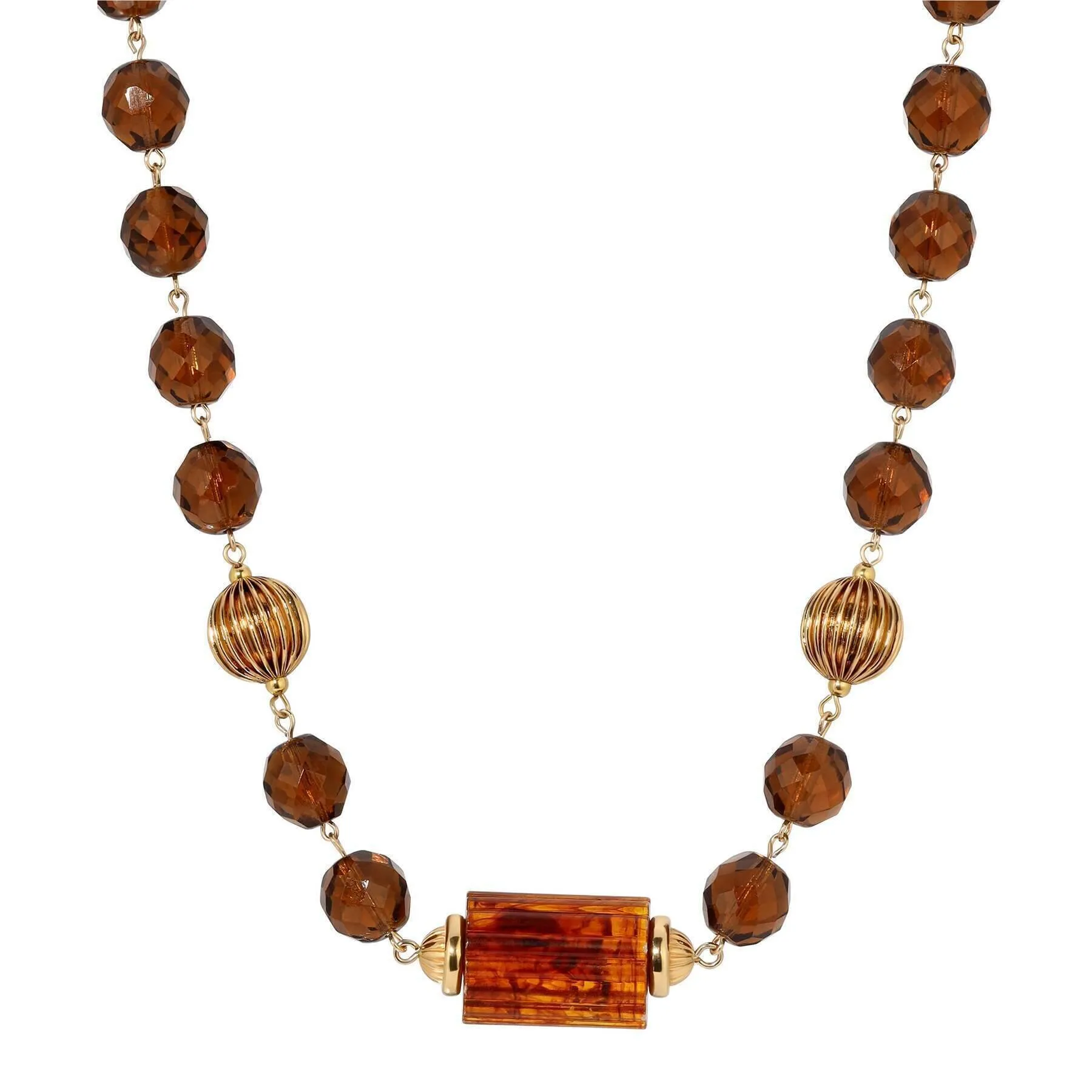 1928 Jewelry Glass Smoke Topaz Corrugated Bead & Tortoise Bead Necklace 17"   3" Extender 1928 Jewelry
