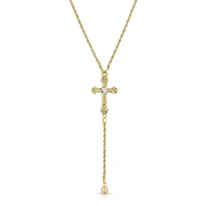 1928 Jewelry Gold Cross Round Clear Crystal Y-Necklace 15"   3" Extender 1928 Jewelry
