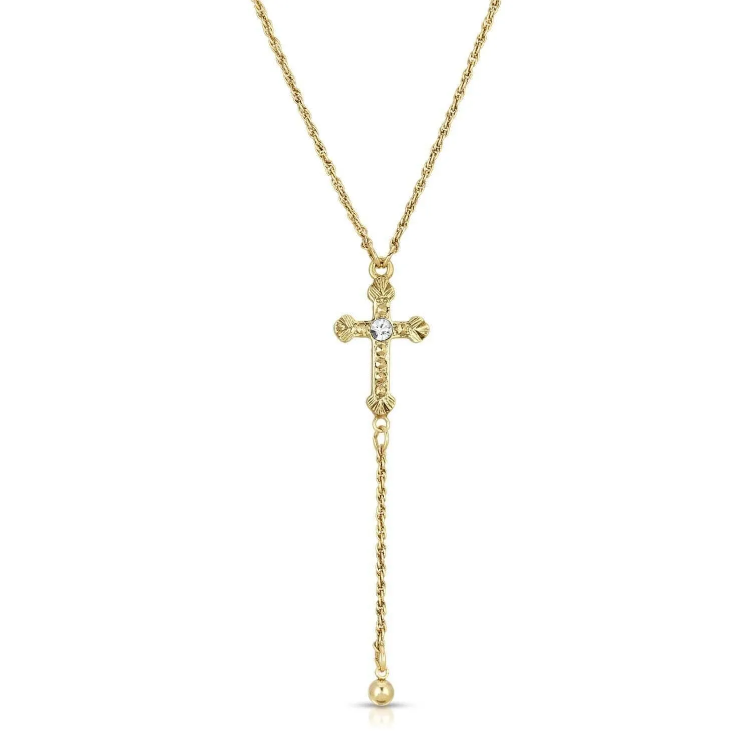 1928 Jewelry Gold Cross Round Clear Crystal Y-Necklace 15"   3" Extender 1928 Jewelry