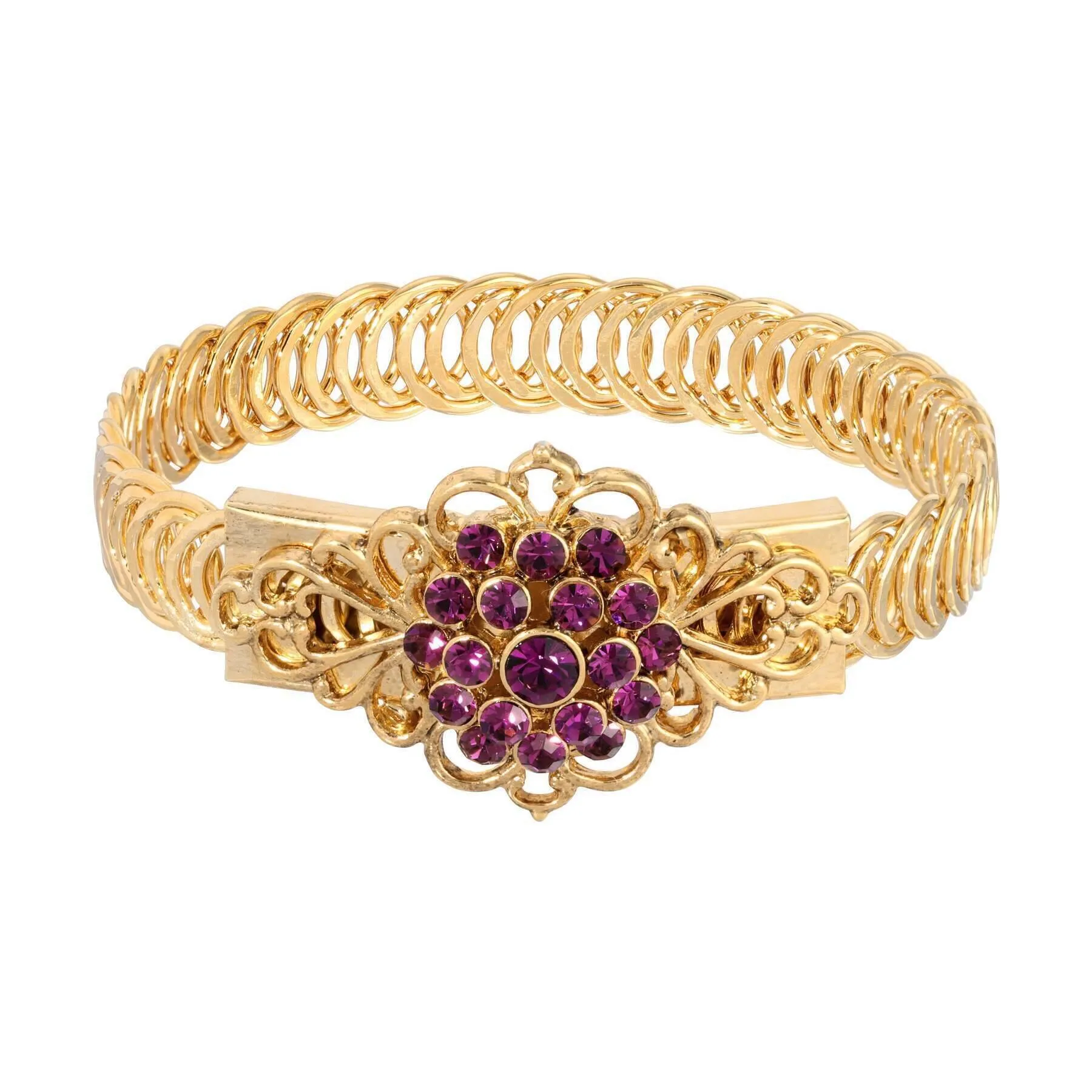 1928 Jewelry Gold Dipped Crystal Flower Overlay Belt Bracelet 1928 Jewelry