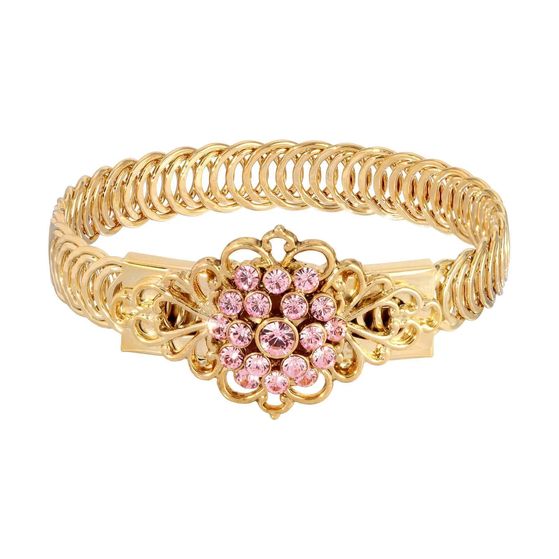 1928 Jewelry Gold Dipped Crystal Flower Overlay Belt Bracelet 1928 Jewelry
