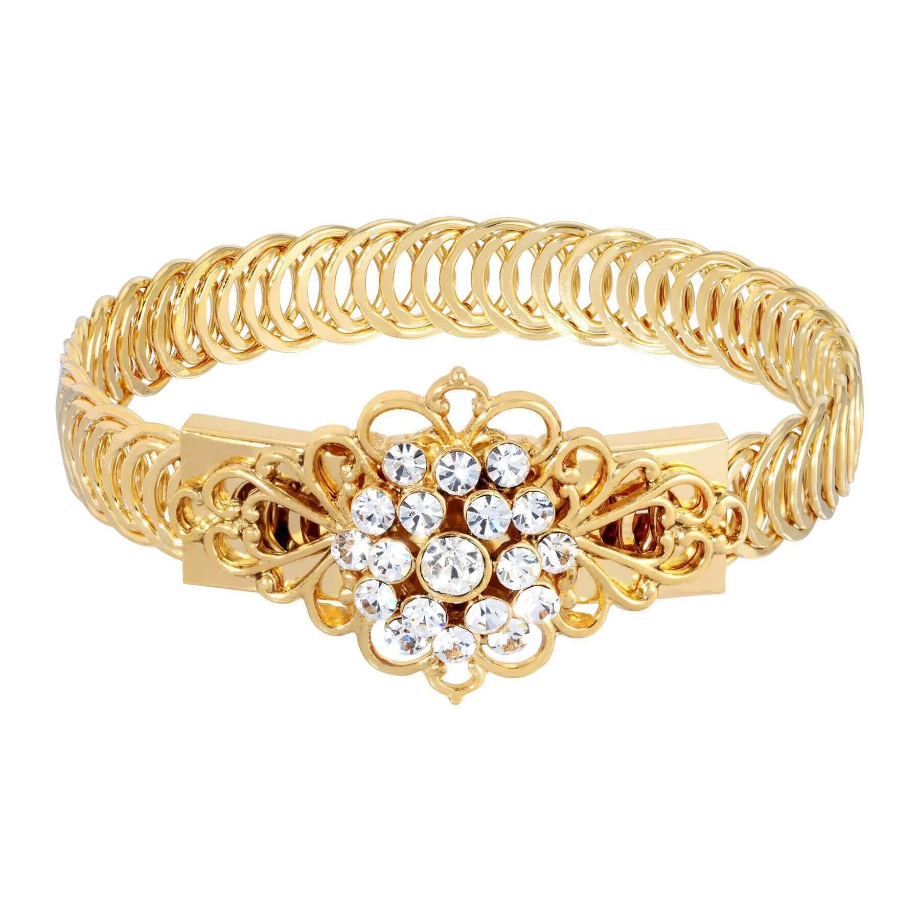 1928 Jewelry Gold Dipped Crystal Flower Overlay Belt Bracelet 1928 Jewelry