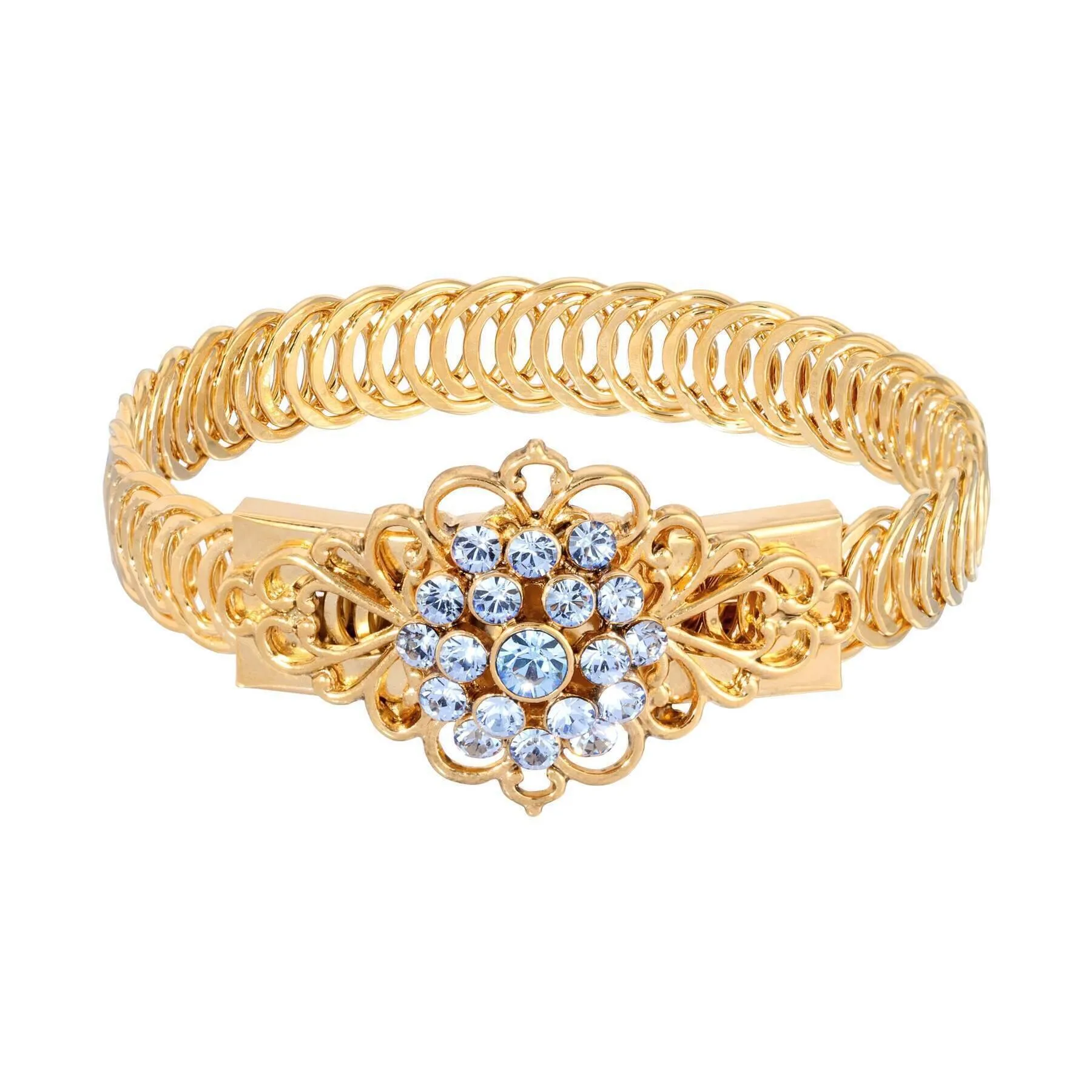 1928 Jewelry Gold Dipped Crystal Flower Overlay Belt Bracelet 1928 Jewelry