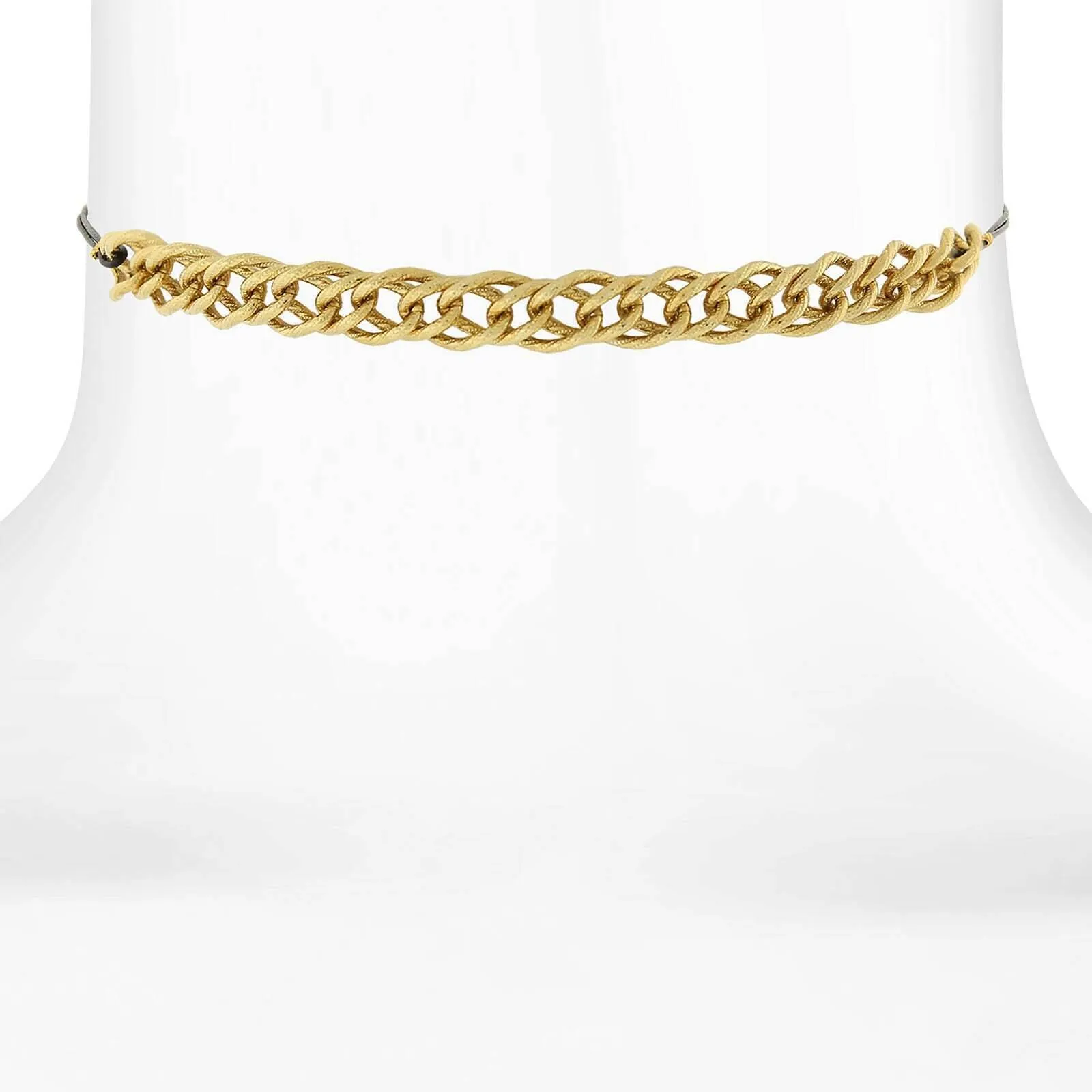 1928 Jewelry Gold Double Curb Chain Thin Leather Black Rope Choker Necklace 12"   5" Extender 1928 Jewelry