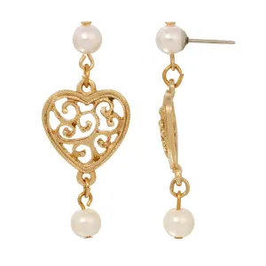 1928 Jewelry Gold Filigree Heart & Faux Pearl Post Dangle Earrings 1928 Jewelry