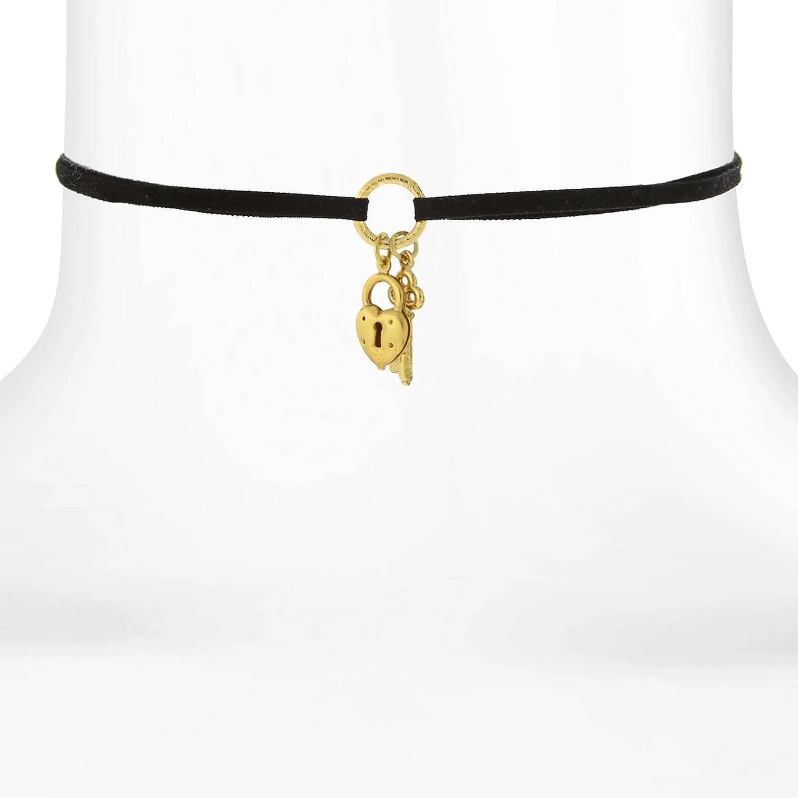 1928 Jewelry Gold Heart And Key Charm Black Suede Choker Necklace 12"   5" Extender 1928 Jewelry