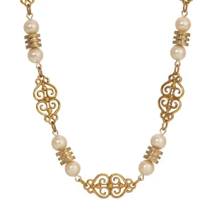 1928 Jewelry Gold Heart Filigree & Faux Pearl Link Necklace 16"   3" Extension 1928 Jewelry