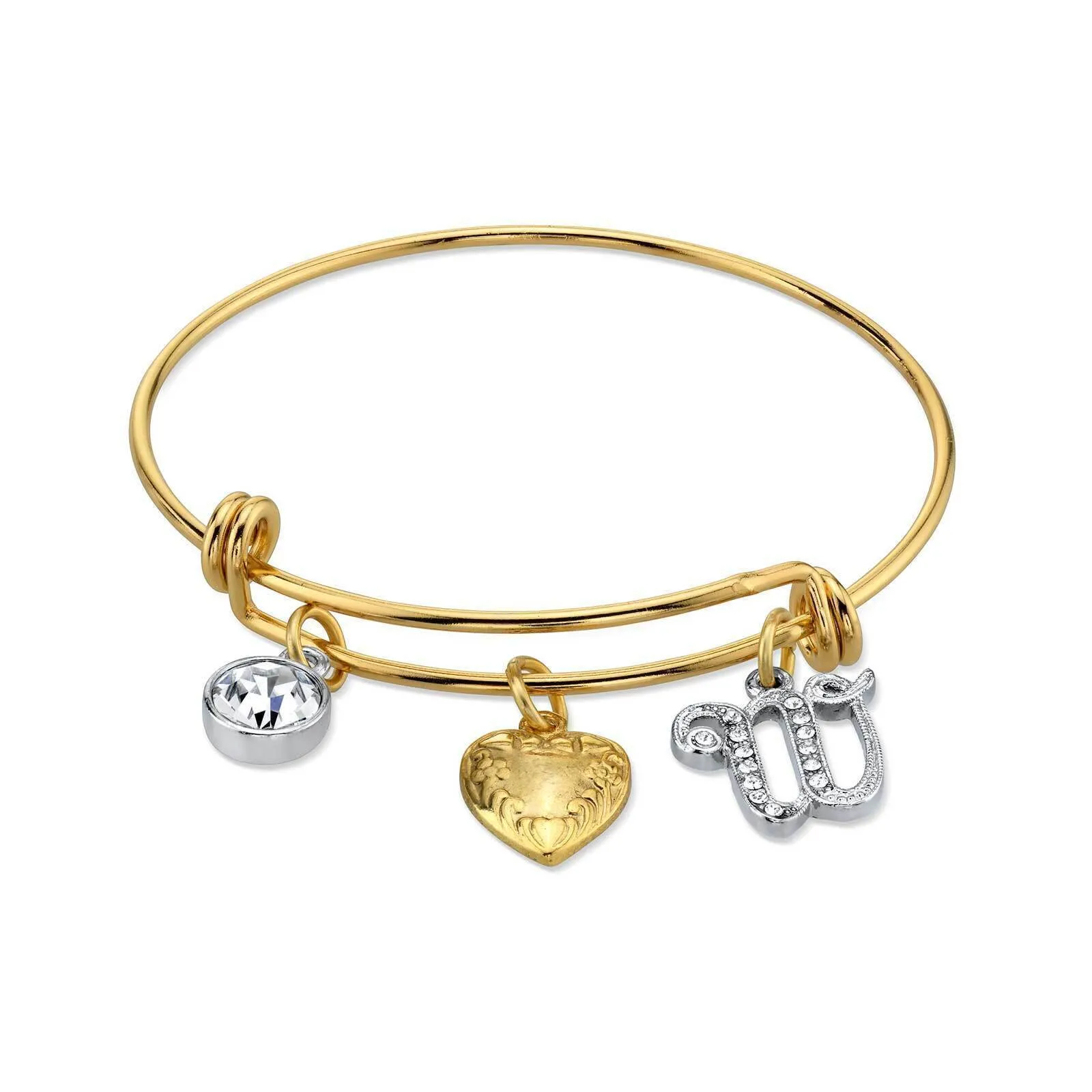1928 Jewelry Gold Heart Initial Crystal Charm Bangle Bracelet, 2.5" 1928 Jewelry