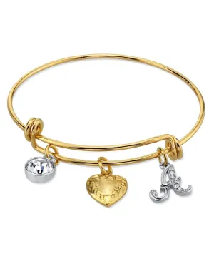 1928 Jewelry Gold Heart Initial Crystal Charm Bangle Bracelet, 2.5" 1928 Jewelry