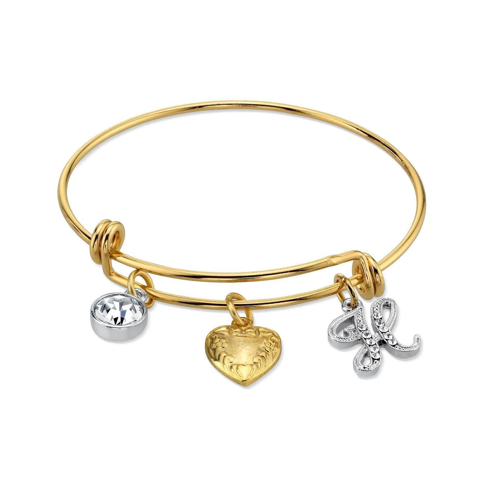 1928 Jewelry Gold Heart Initial Crystal Charm Bangle Bracelet, 2.5" 1928 Jewelry