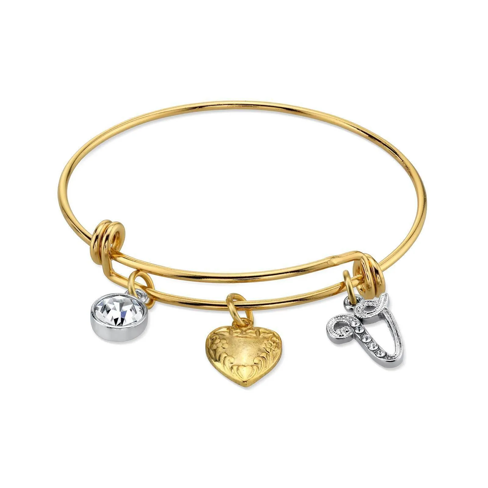 1928 Jewelry Gold Heart Initial Crystal Charm Bangle Bracelet, 2.5" 1928 Jewelry
