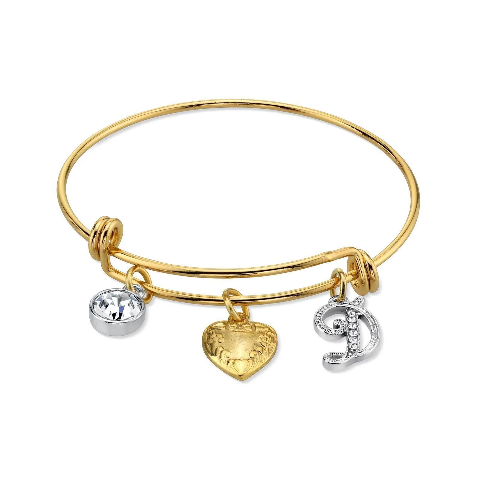 1928 Jewelry Gold Heart Initial Crystal Charm Bangle Bracelet, 2.5" 1928 Jewelry