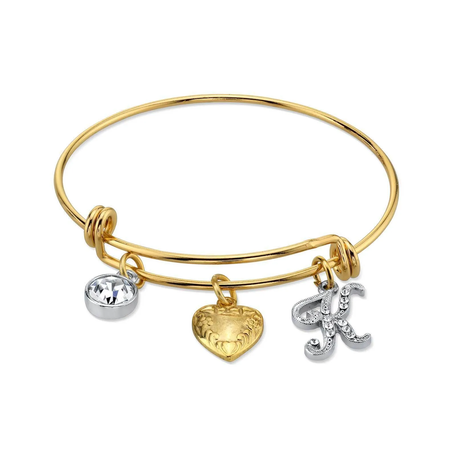 1928 Jewelry Gold Heart Initial Crystal Charm Bangle Bracelet, 2.5" 1928 Jewelry