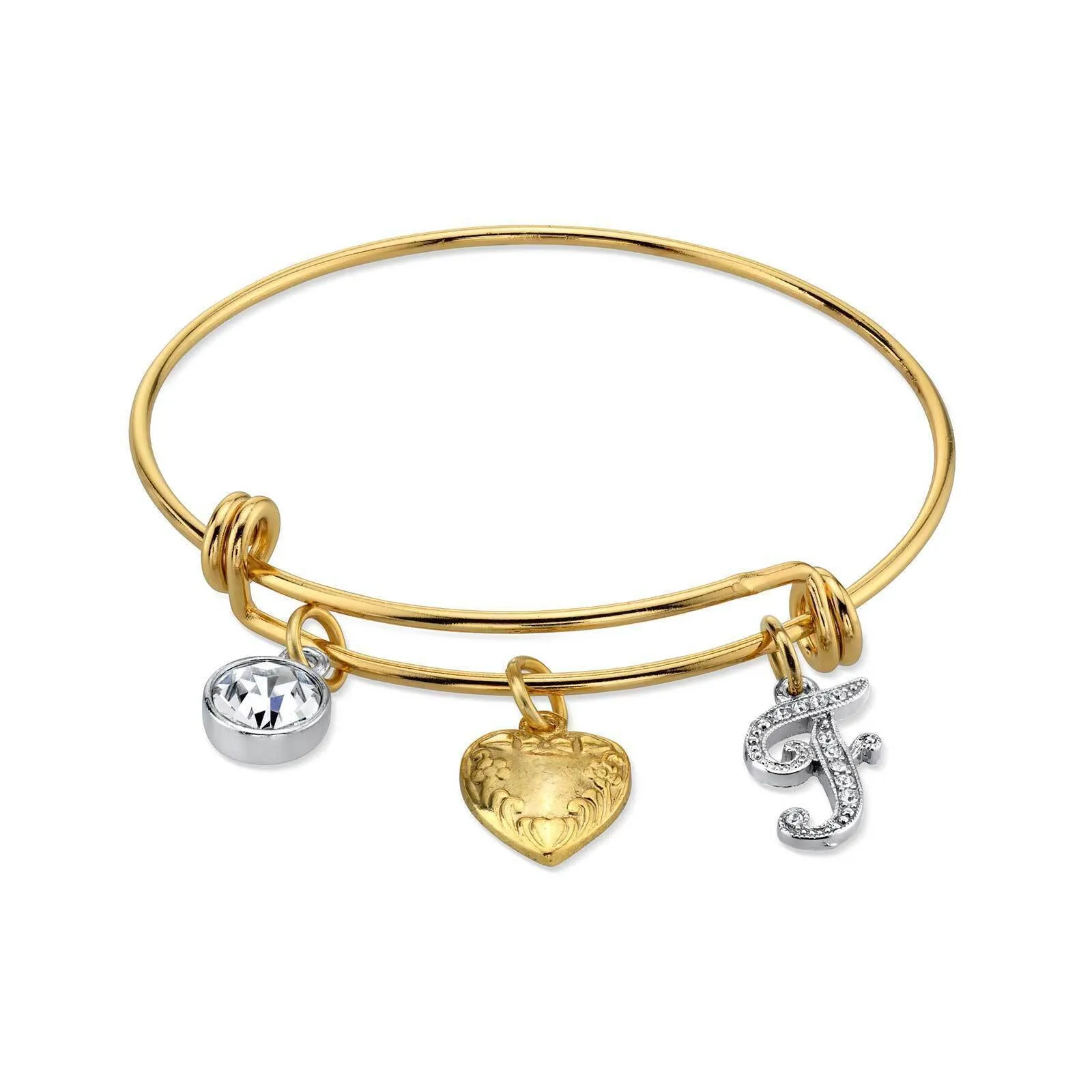 1928 Jewelry Gold Heart Initial Crystal Charm Bangle Bracelet, 2.5" 1928 Jewelry