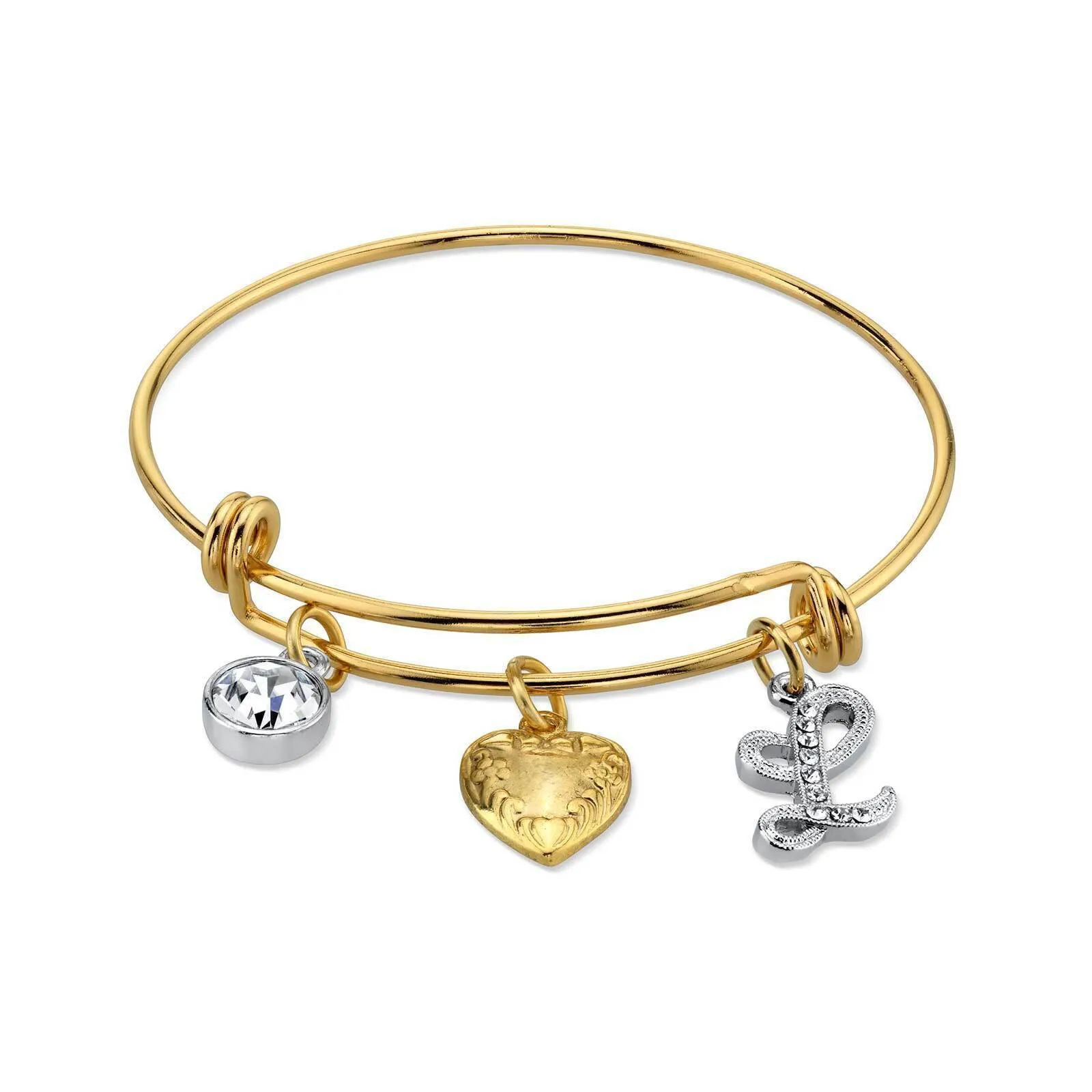1928 Jewelry Gold Heart Initial Crystal Charm Bangle Bracelet, 2.5" 1928 Jewelry