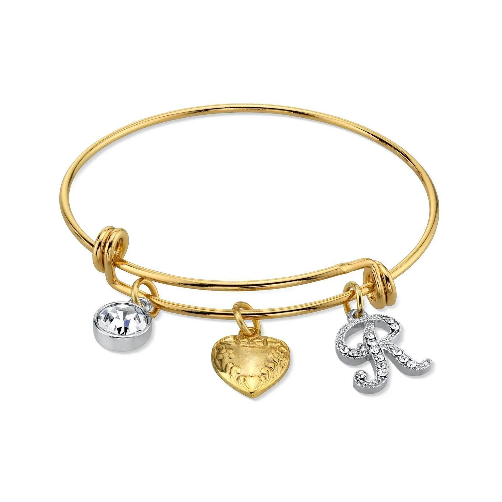 1928 Jewelry Gold Heart Initial Crystal Charm Bangle Bracelet, 2.5" 1928 Jewelry