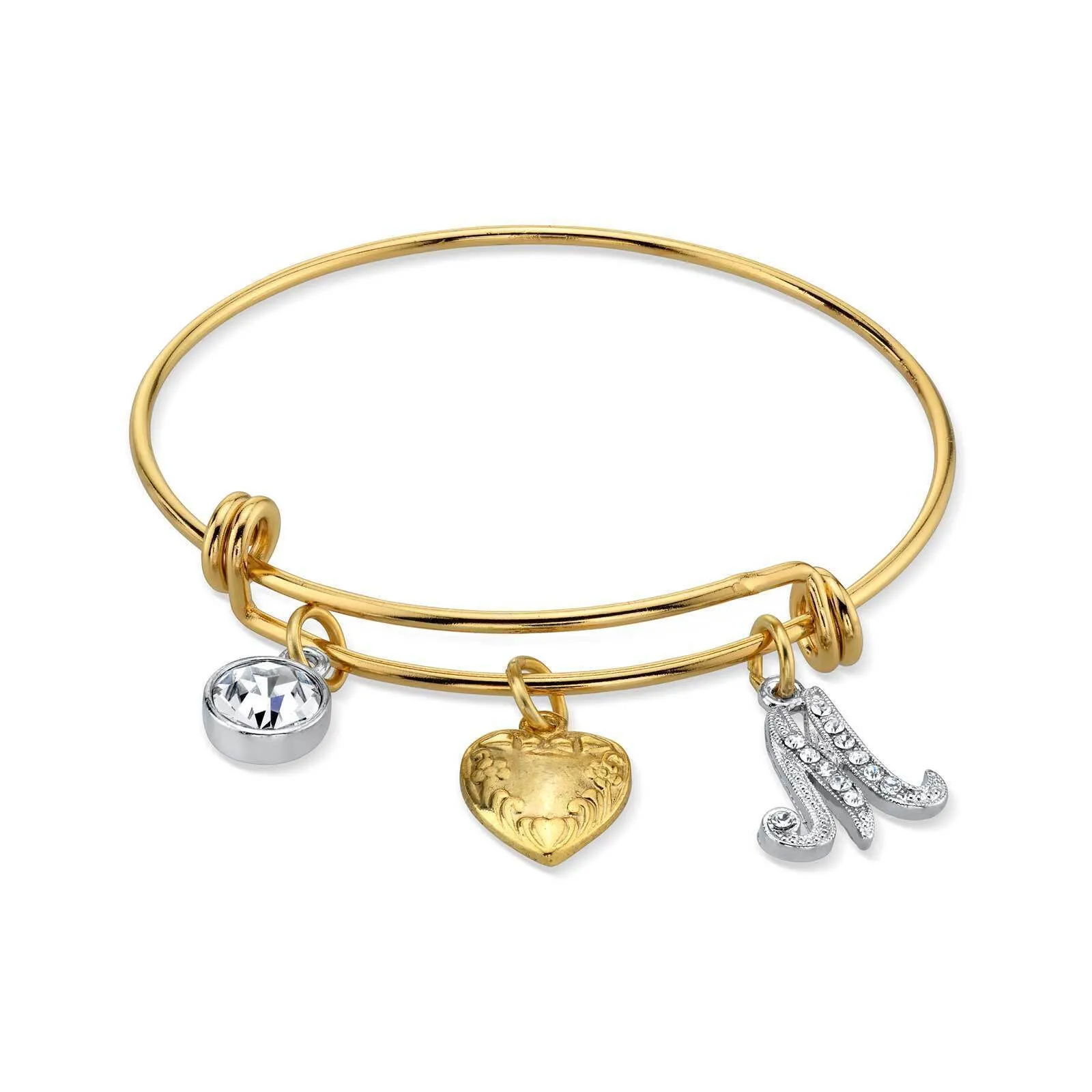 1928 Jewelry Gold Heart Initial Crystal Charm Bangle Bracelet, 2.5" 1928 Jewelry