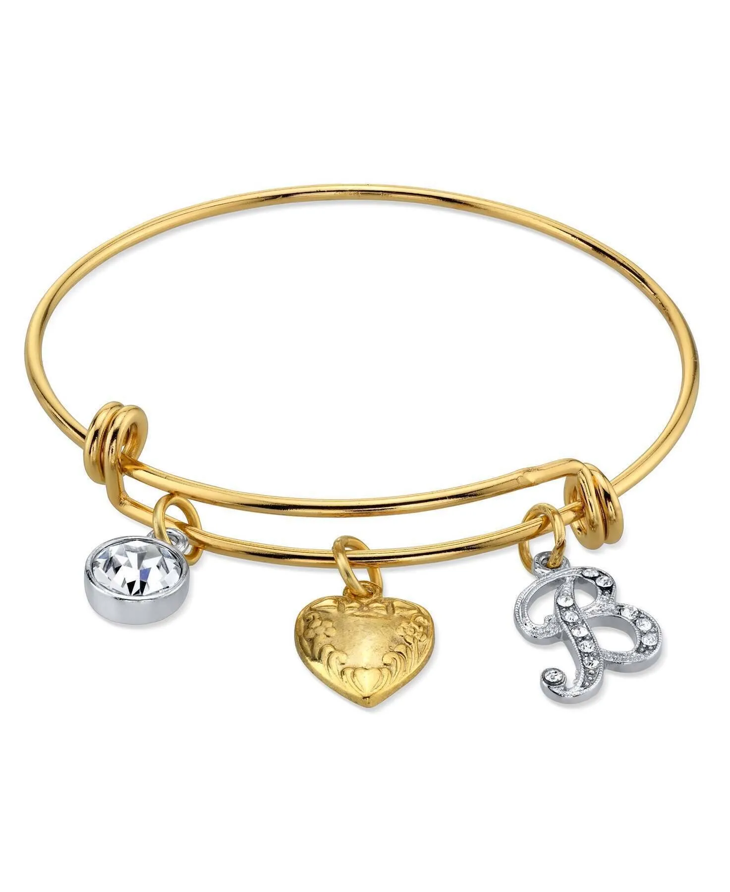 1928 Jewelry Gold Heart Initial Crystal Charm Bangle Bracelet, 2.5" 1928 Jewelry