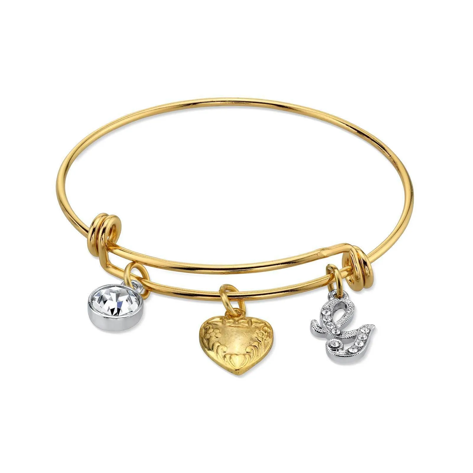 1928 Jewelry Gold Heart Initial Crystal Charm Bangle Bracelet, 2.5" 1928 Jewelry