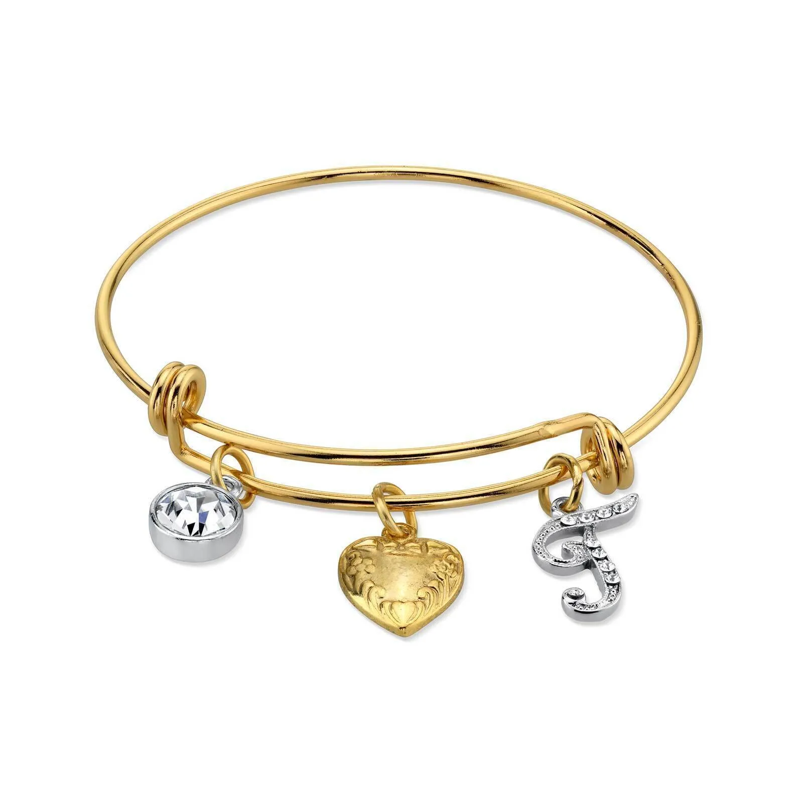 1928 Jewelry Gold Heart Initial Crystal Charm Bangle Bracelet, 2.5" 1928 Jewelry