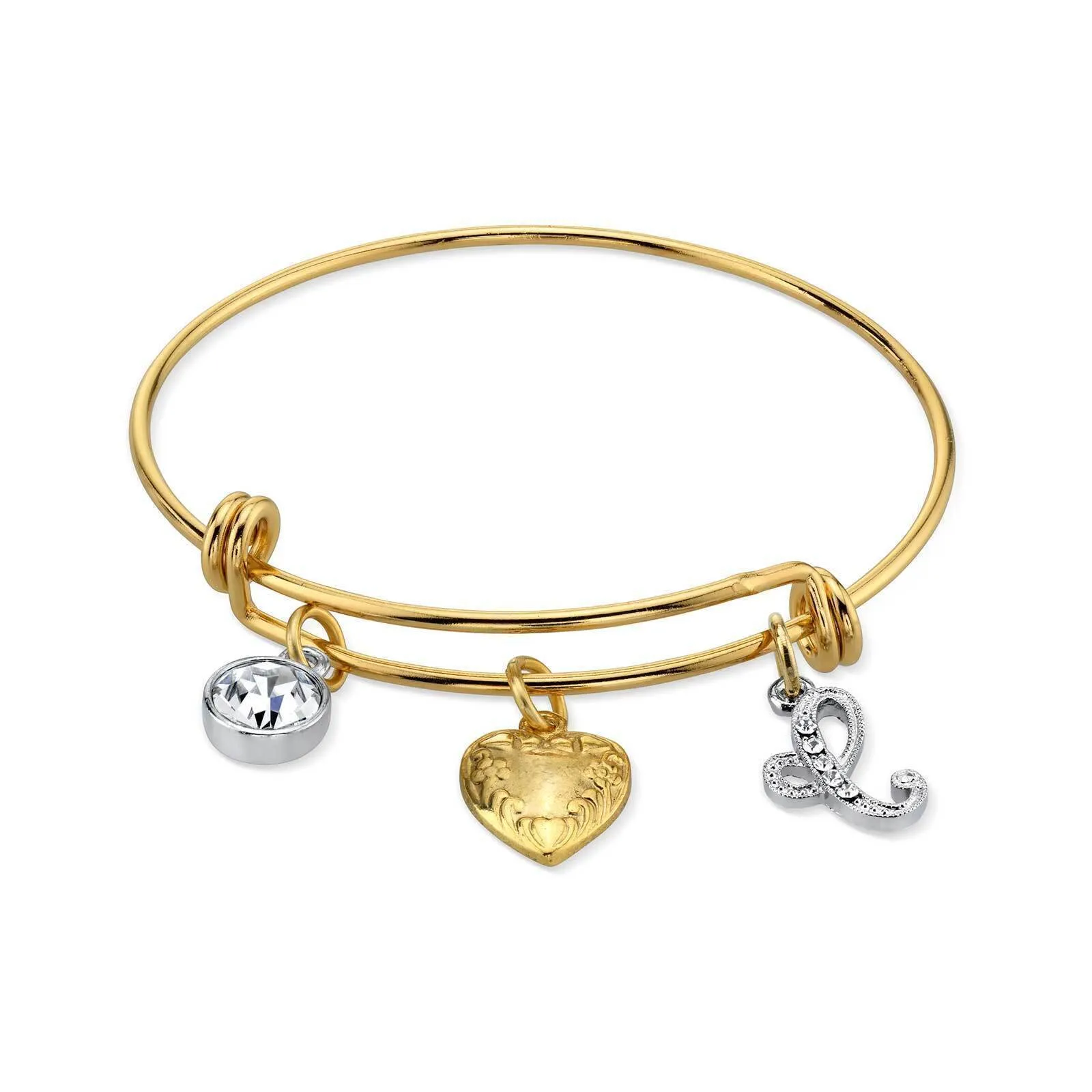 1928 Jewelry Gold Heart Initial Crystal Charm Bangle Bracelet, 2.5" 1928 Jewelry