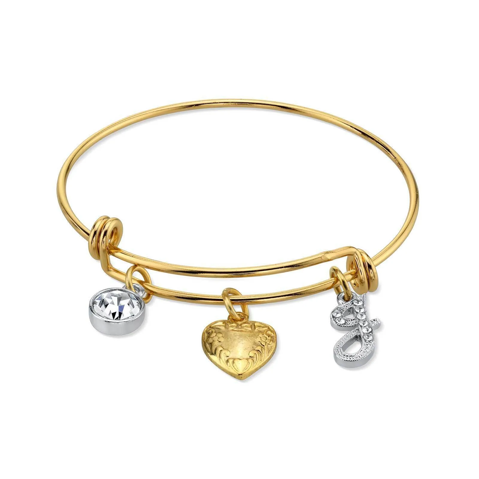 1928 Jewelry Gold Heart Initial Crystal Charm Bangle Bracelet, 2.5" 1928 Jewelry