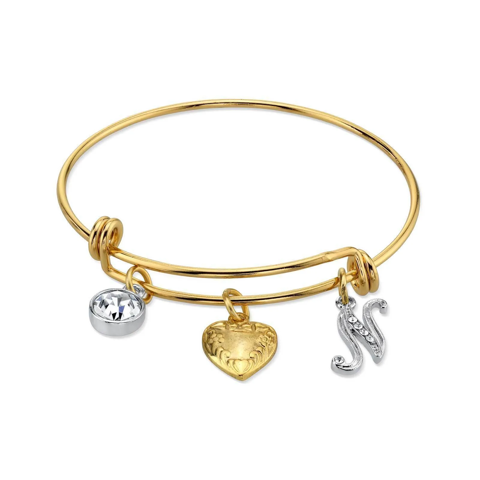 1928 Jewelry Gold Heart Initial Crystal Charm Bangle Bracelet, 2.5" 1928 Jewelry