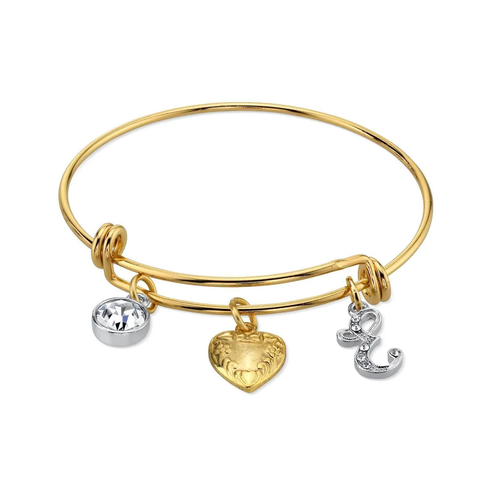1928 Jewelry Gold Heart Initial Crystal Charm Bangle Bracelet, 2.5" 1928 Jewelry