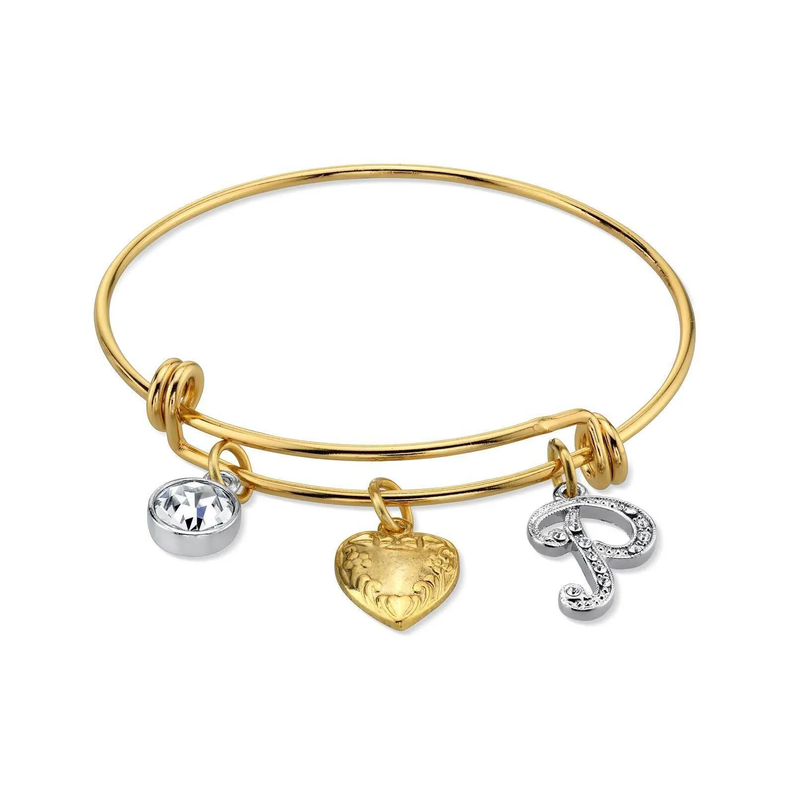 1928 Jewelry Gold Heart Initial Crystal Charm Bangle Bracelet, 2.5" 1928 Jewelry