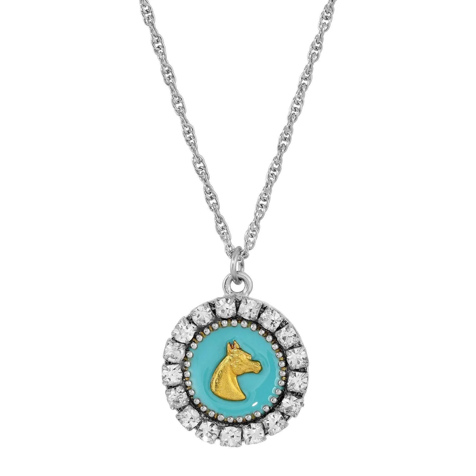 1928 Jewelry Gold Horse Motif Turquoise Enamel Crystal Pendant Necklace 16" 1928 Jewelry