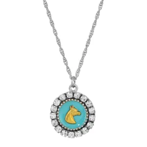 1928 Jewelry Gold Horse Motif Turquoise Enamel Crystal Pendant Necklace 16" 1928 Jewelry