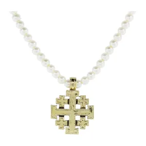 1928 Jewelry Gold Jerusalem Cross Pendant 4mm Faux Pearl Strand Necklace 15"   3" Extender 1928 Jewelry