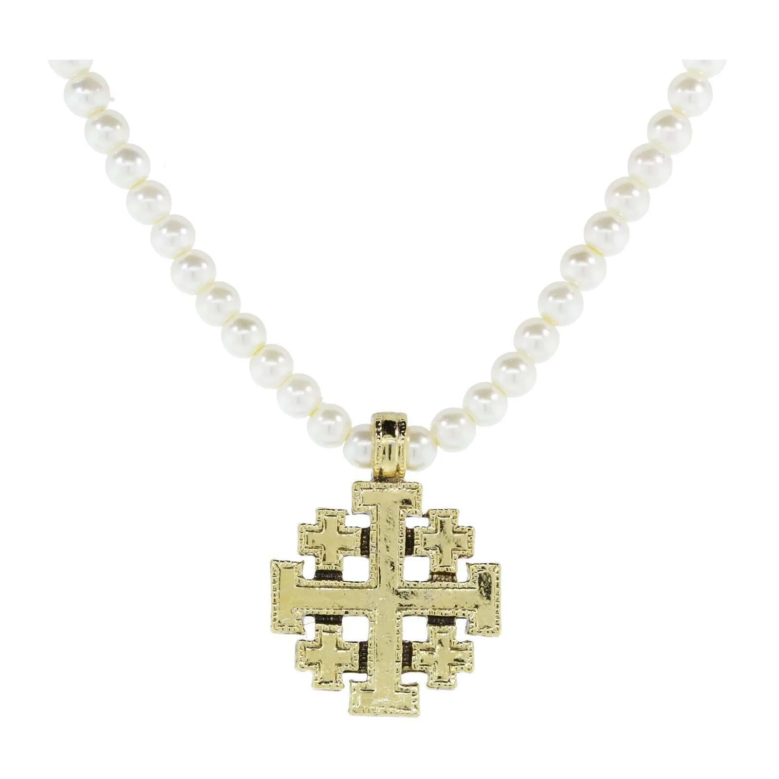 1928 Jewelry Gold Jerusalem Cross Pendant 4mm Faux Pearl Strand Necklace 15"   3" Extender 1928 Jewelry