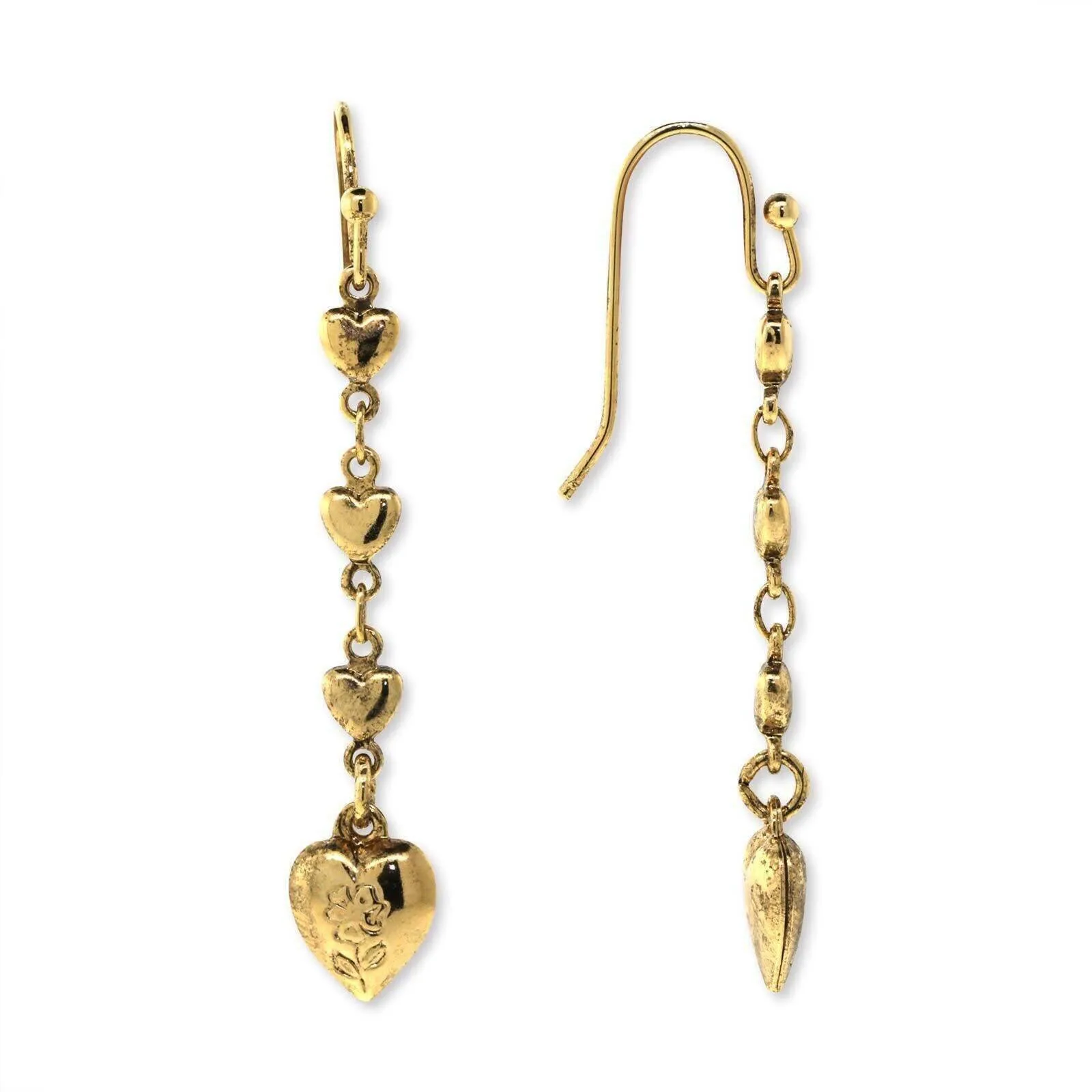 1928 Jewelry Gold Linear Linked Hearts & Etch Flower Drop Earrings 1928 Jewelry