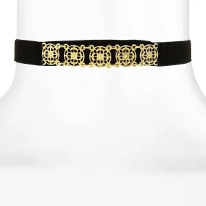 1928 Jewelry Gold Meso Round Intricate Filigree Black Grosgrain Ribbon Choker Necklace 12"   5" Extender 1928 Jewelry
