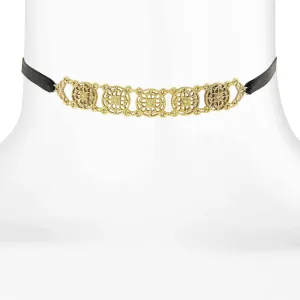 1928 Jewelry Gold Meso Round Intricate Filigree Black Rope Necklace 12"   5" Extender 1928 Jewelry
