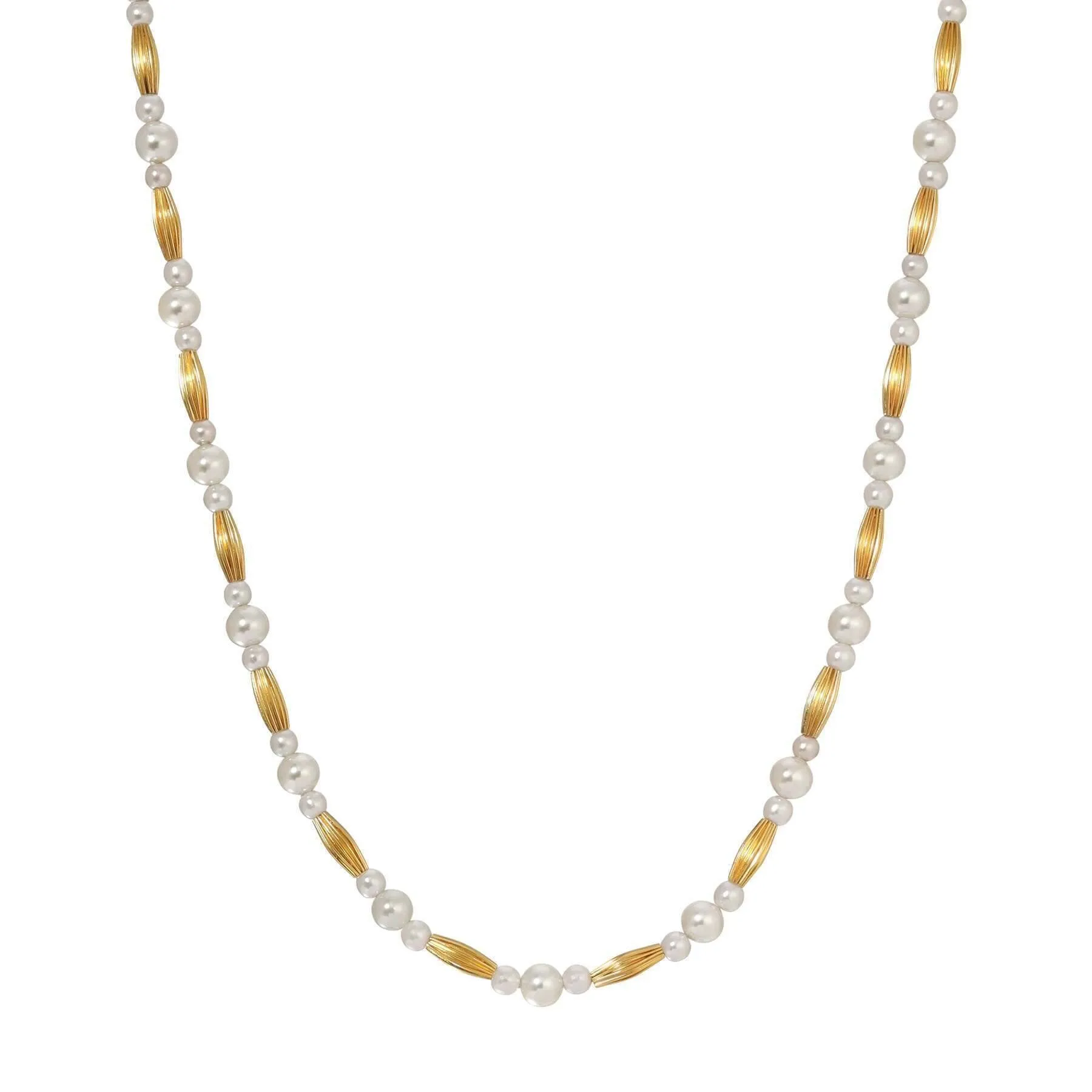 1928 Jewelry Gold Oblong Corrugated Bead Light Grey Faux Pearl Necklace 15"   3" Extension 1928 Jewelry