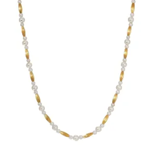 1928 Jewelry Gold Oblong Corrugated Bead Light Grey Faux Pearl Necklace 15"   3" Extension 1928 Jewelry