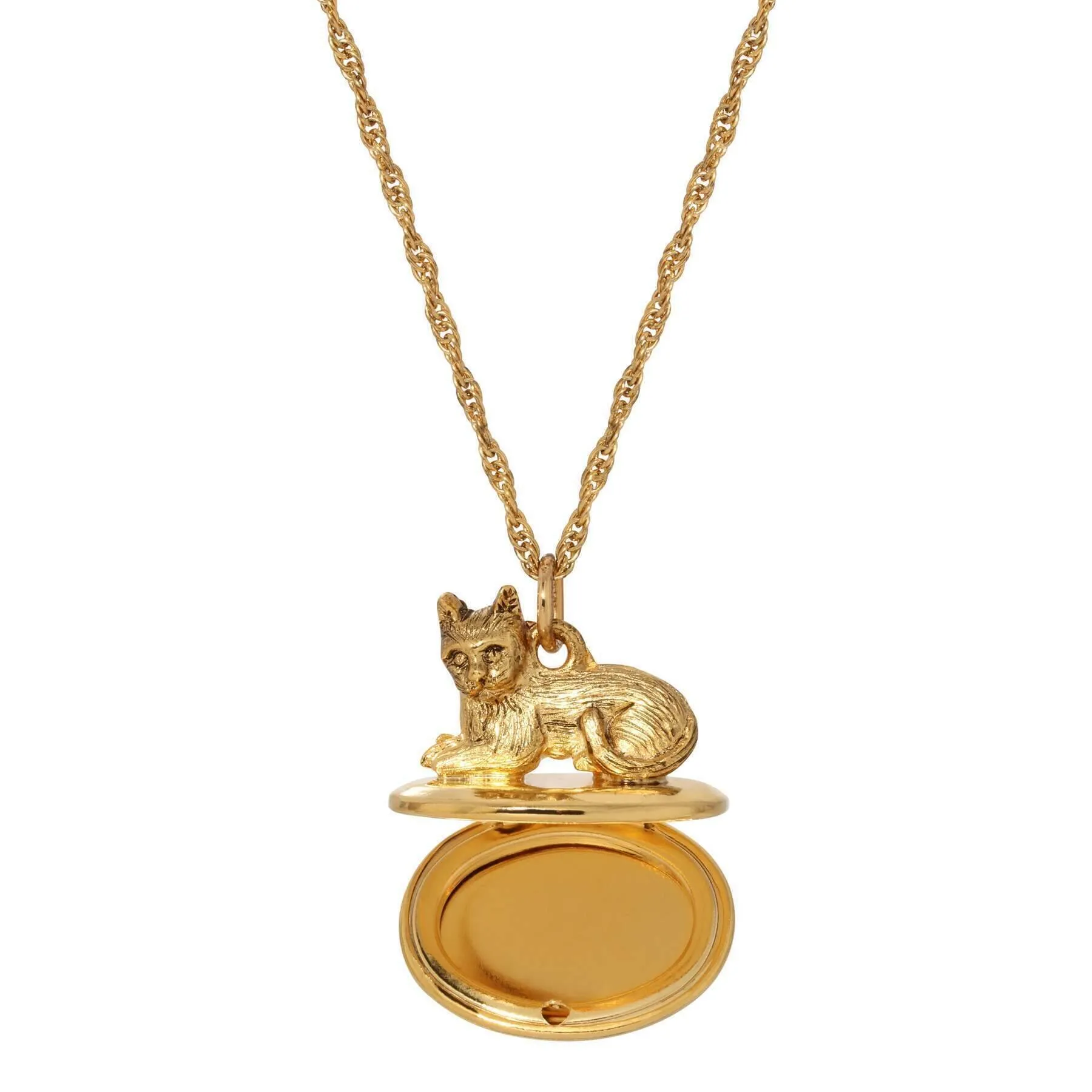 1928 Jewelry Gold Perched Cat Double Photo Locket Necklace 28" 1928 Jewelry