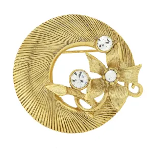 1928 Jewelry Gold Round Flower & Crystal Wreath Pin 1928 Jewelry