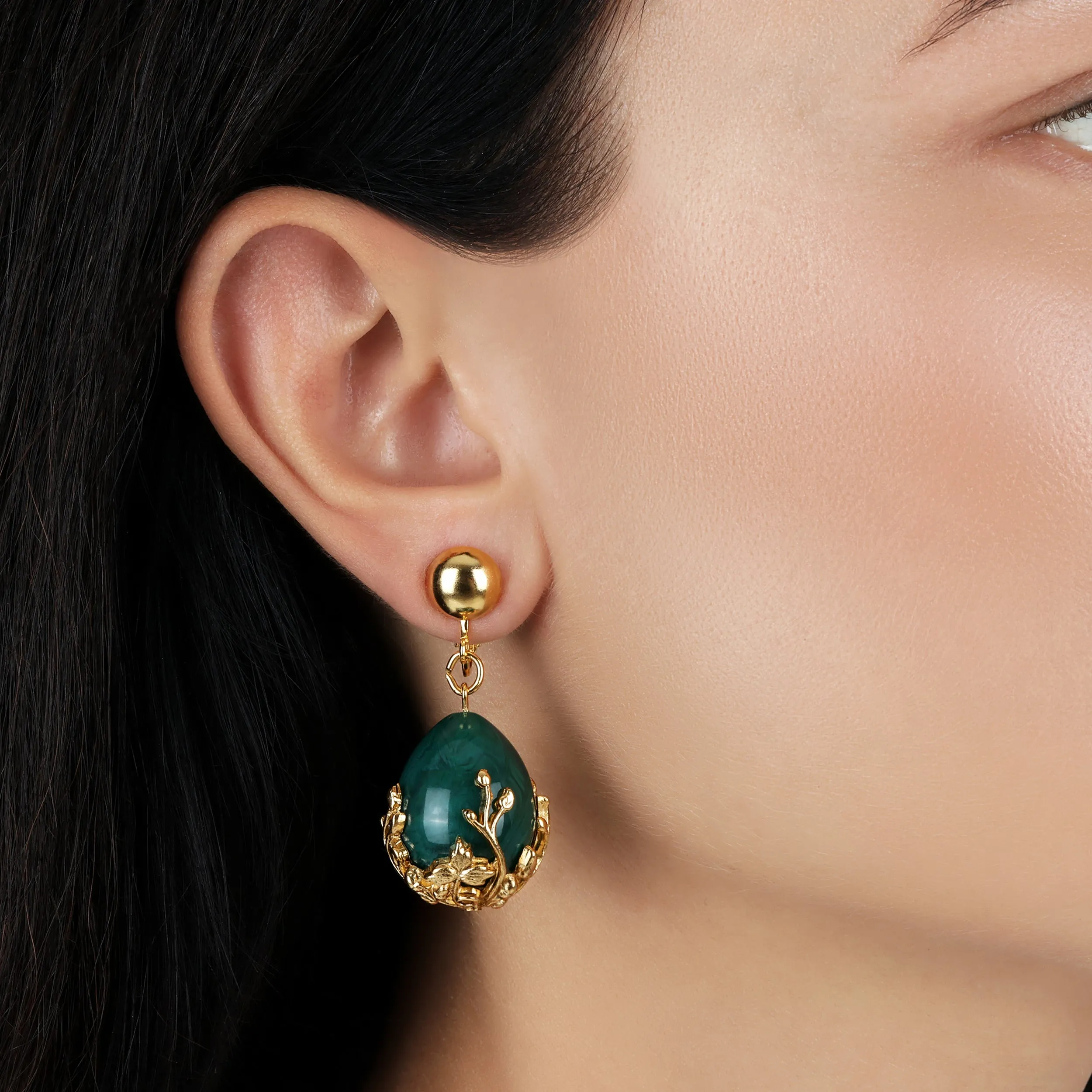 1928 Jewelry Golden Bloom Teardrop Marble Green Stone Clip On Earrings 1928 Jewelry