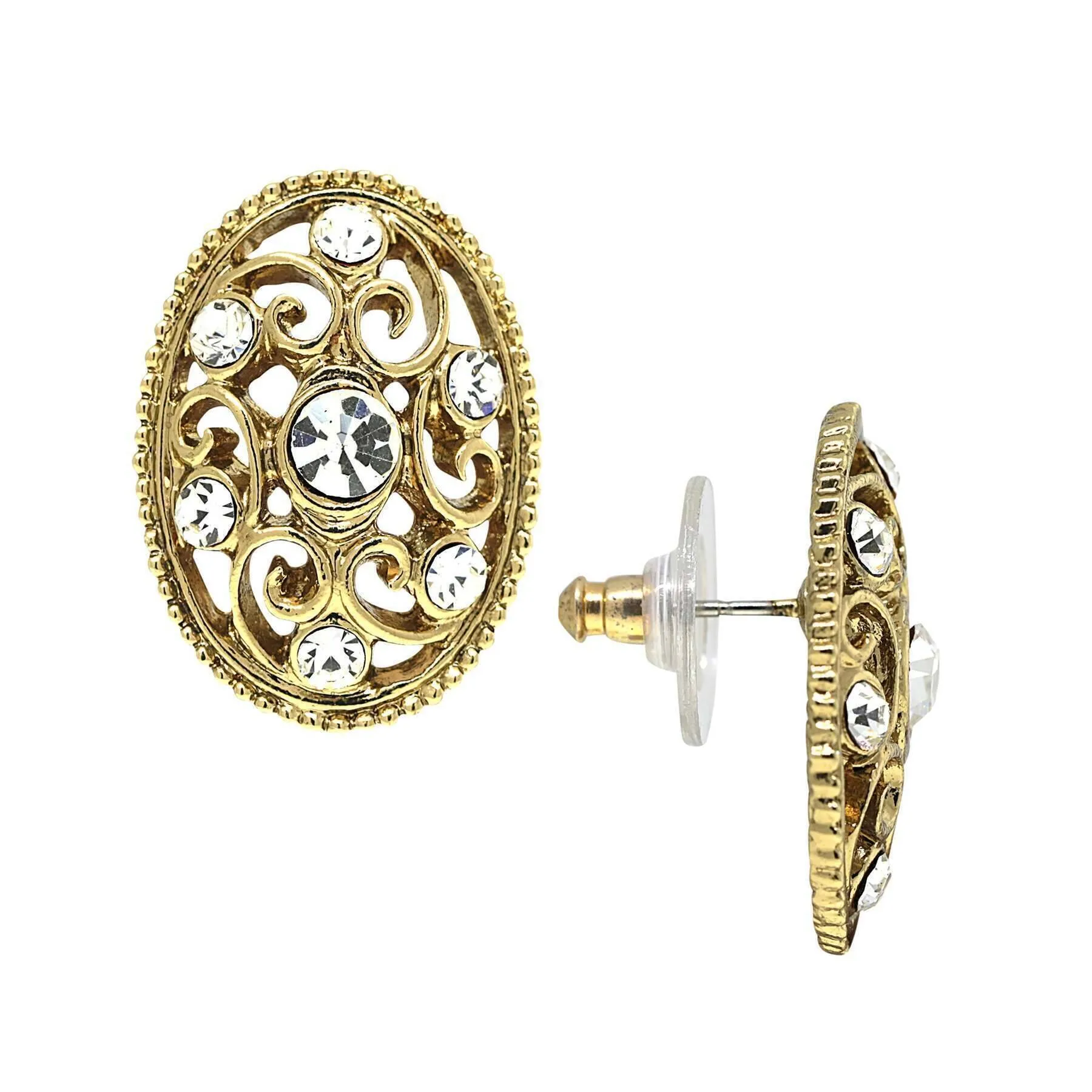 1928 Jewelry Golden Glitz Crystal Filigree Oval Button Earrings 1928 Jewelry