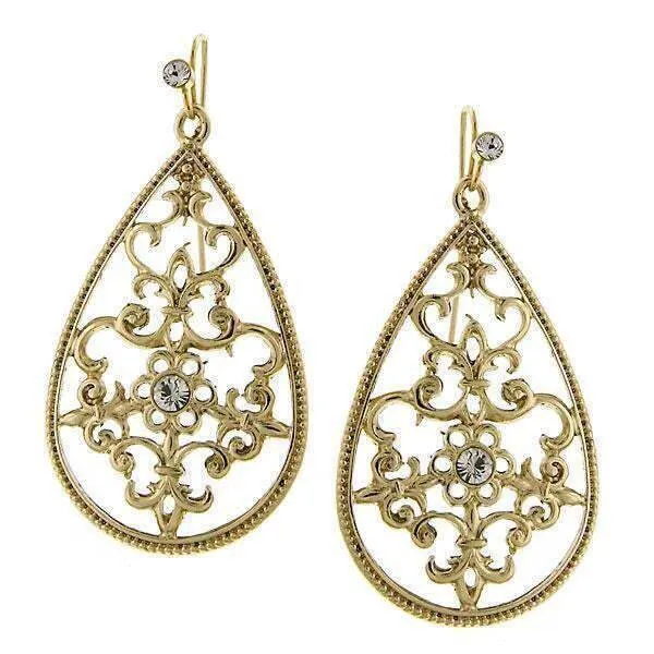 1928 Jewelry Golden Glitz Teardrop Crystal Filigree Drop Earrings 1928 Jewelry