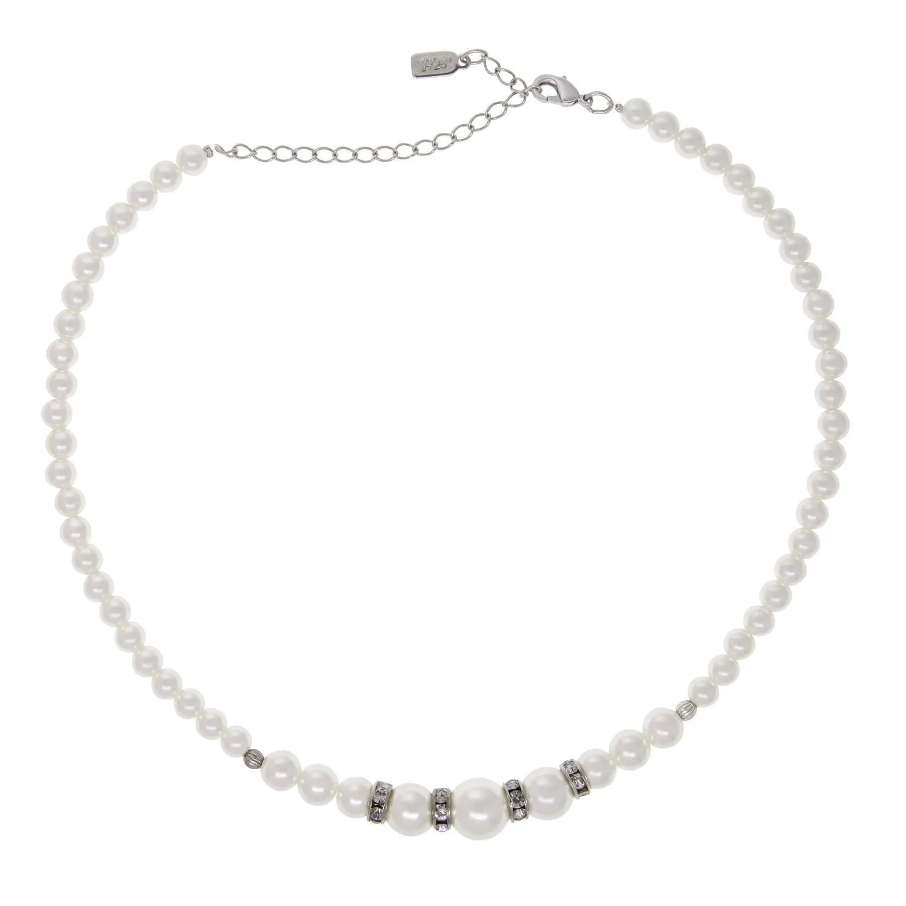 1928 Jewelry Graduated Faux Pearl Strand & Crystal Necklace 15"   3" Extension 1928 Jewelry